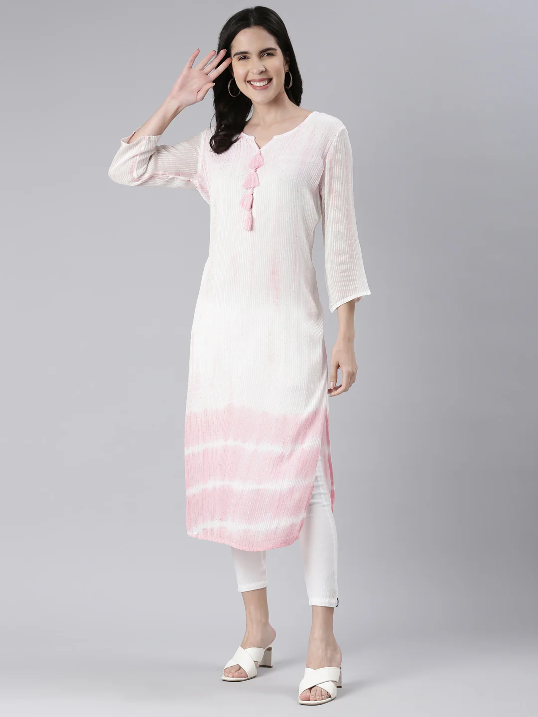 Neerus Pink Straight Solid Cotton Kurta - Image 5