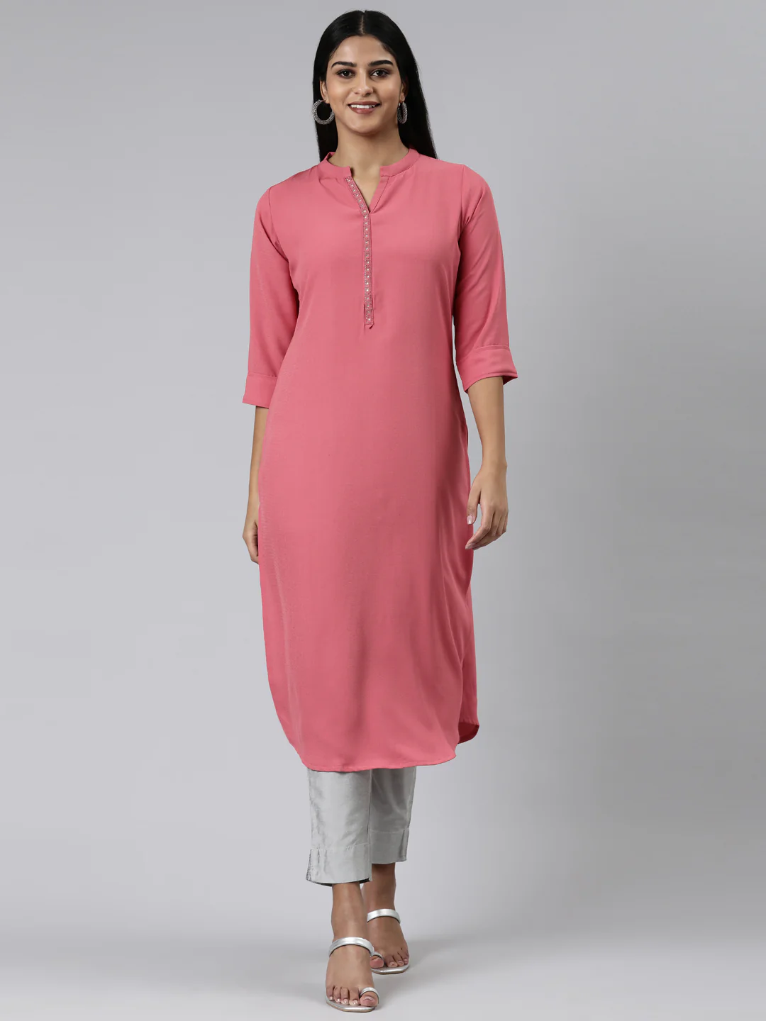 Neerus Pink Straight Solid Viscose Rayon Kurta
