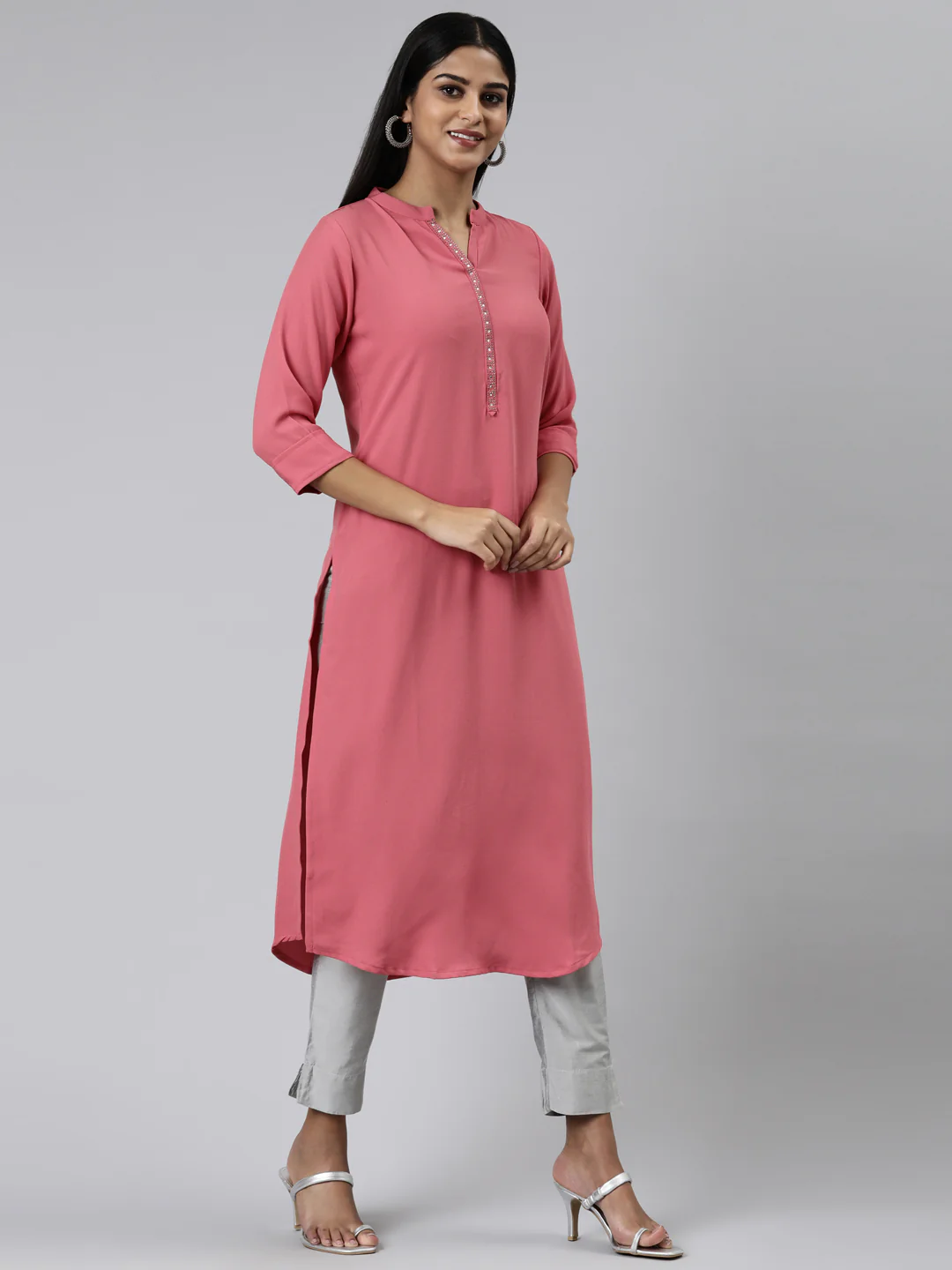 Neerus Pink Straight Solid Viscose Rayon Kurta - Image 2