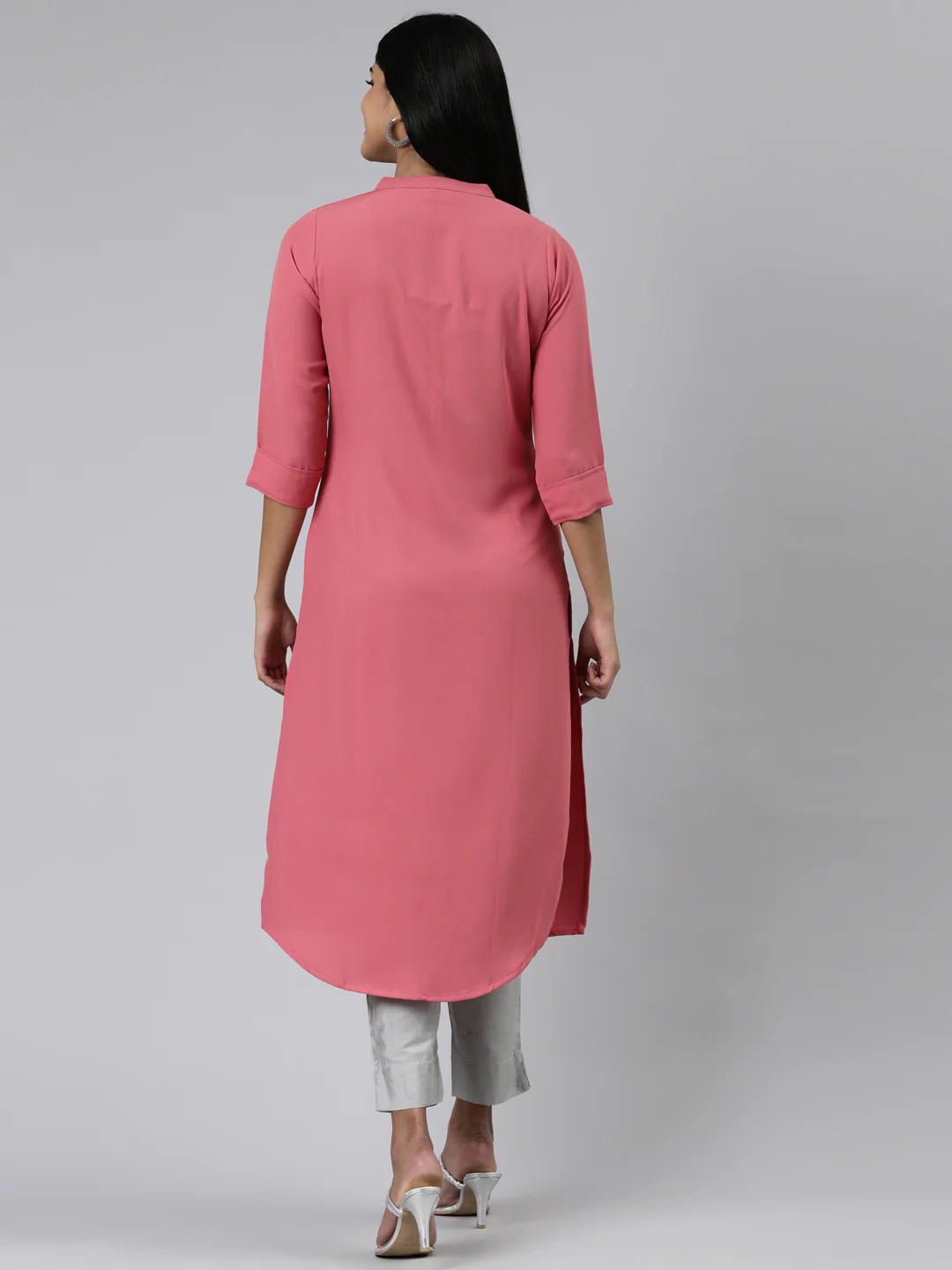 Neerus Pink Straight Solid Viscose Rayon Kurta - Image 3