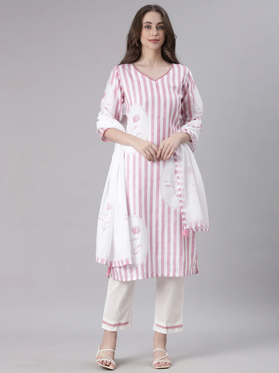 Neerus Pink Striped Straight Kurta and Trousers With Dupatta