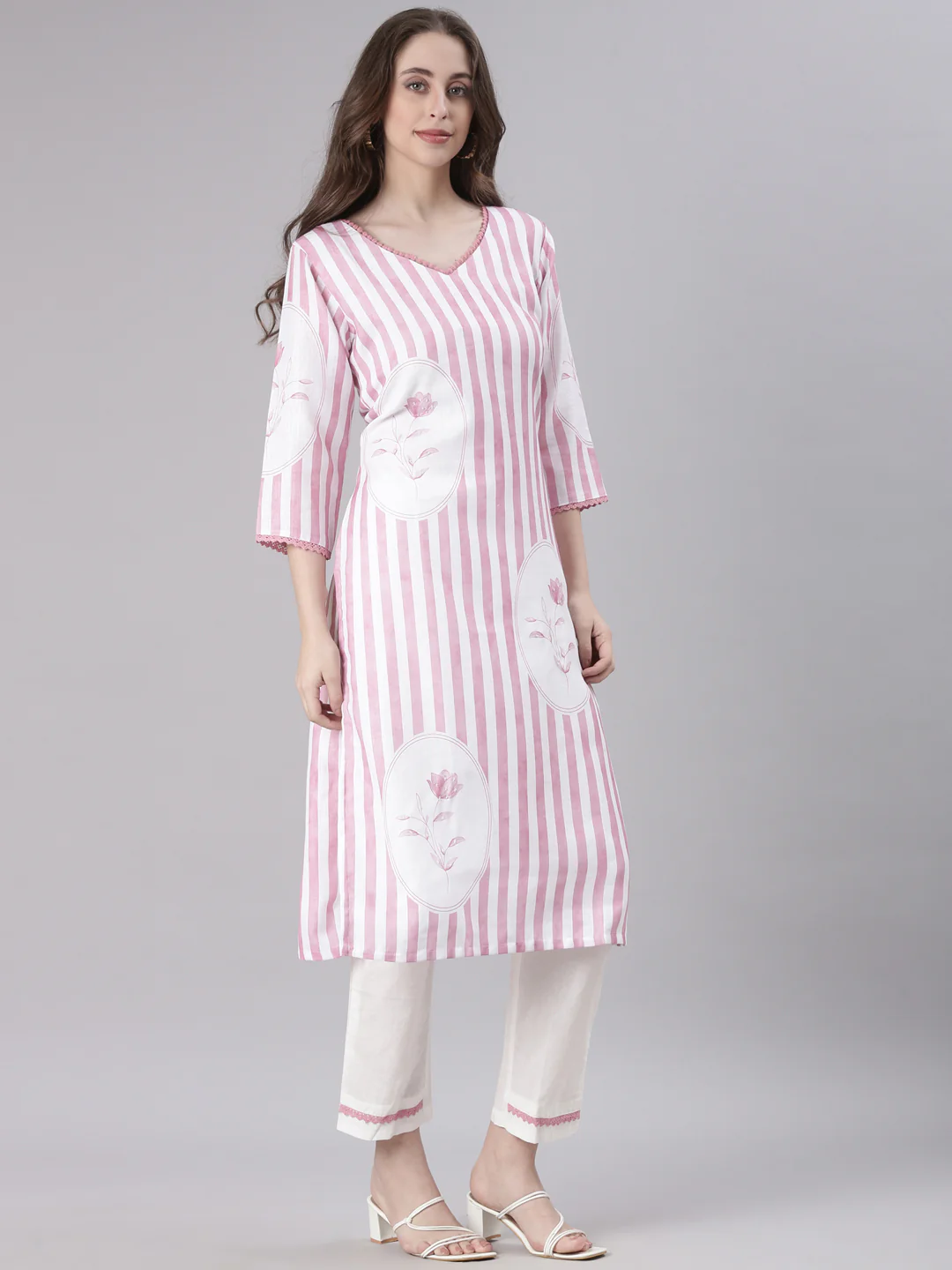 Neerus Pink Striped Straight Kurta and Trousers With Dupatta - Image 2