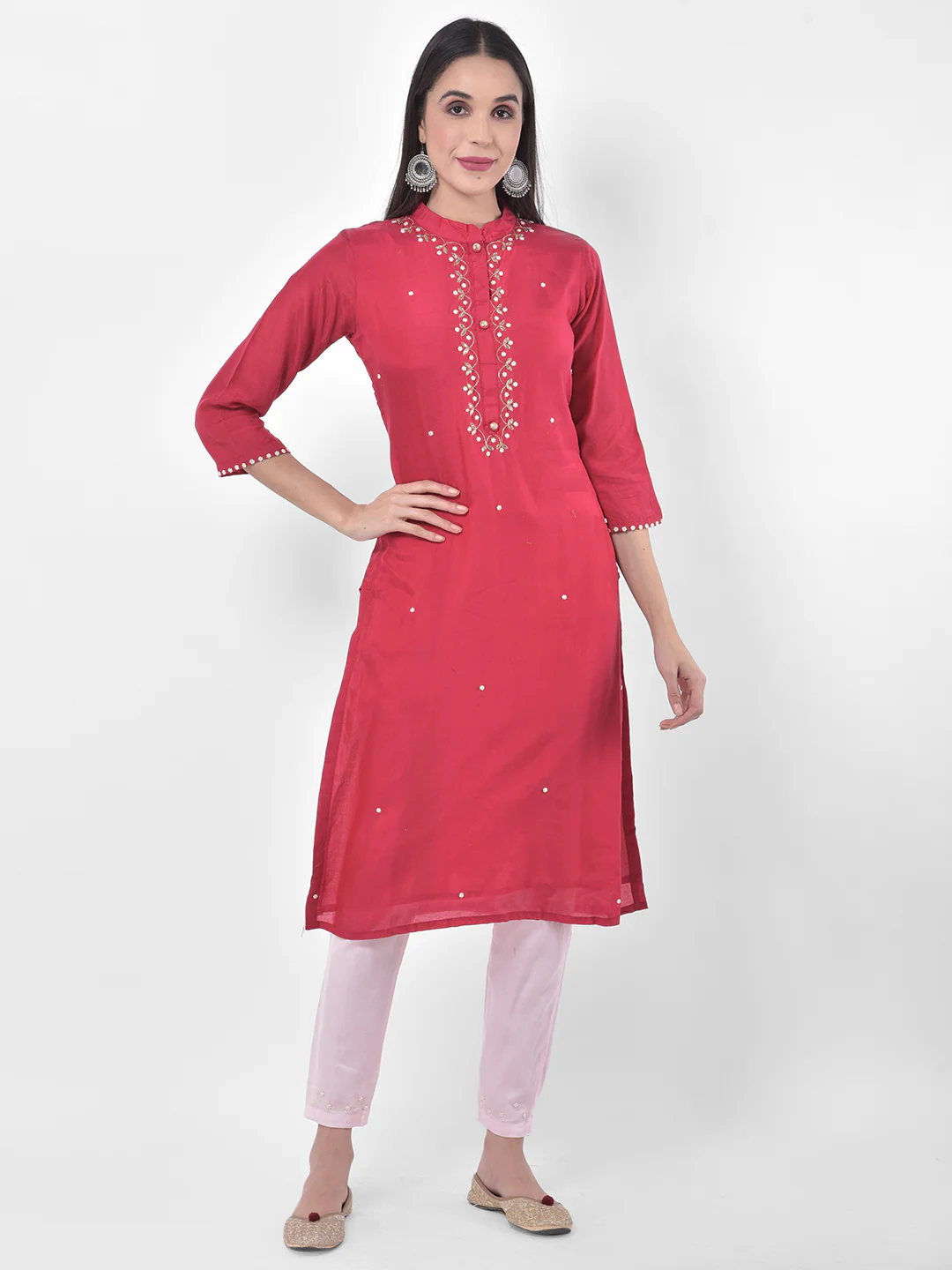 Neerus Pink & White Embellished Kurta With Pant & Dupatta - Image 7