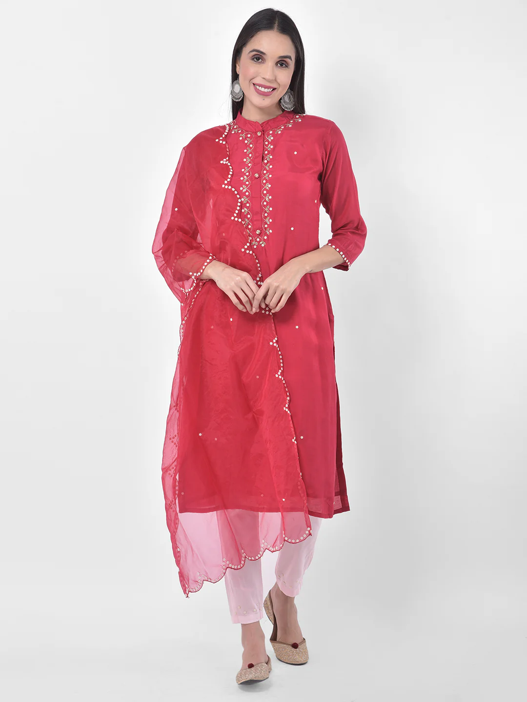 Neerus Pink & White Embellished Kurta With Pant & Dupatta - Image 8