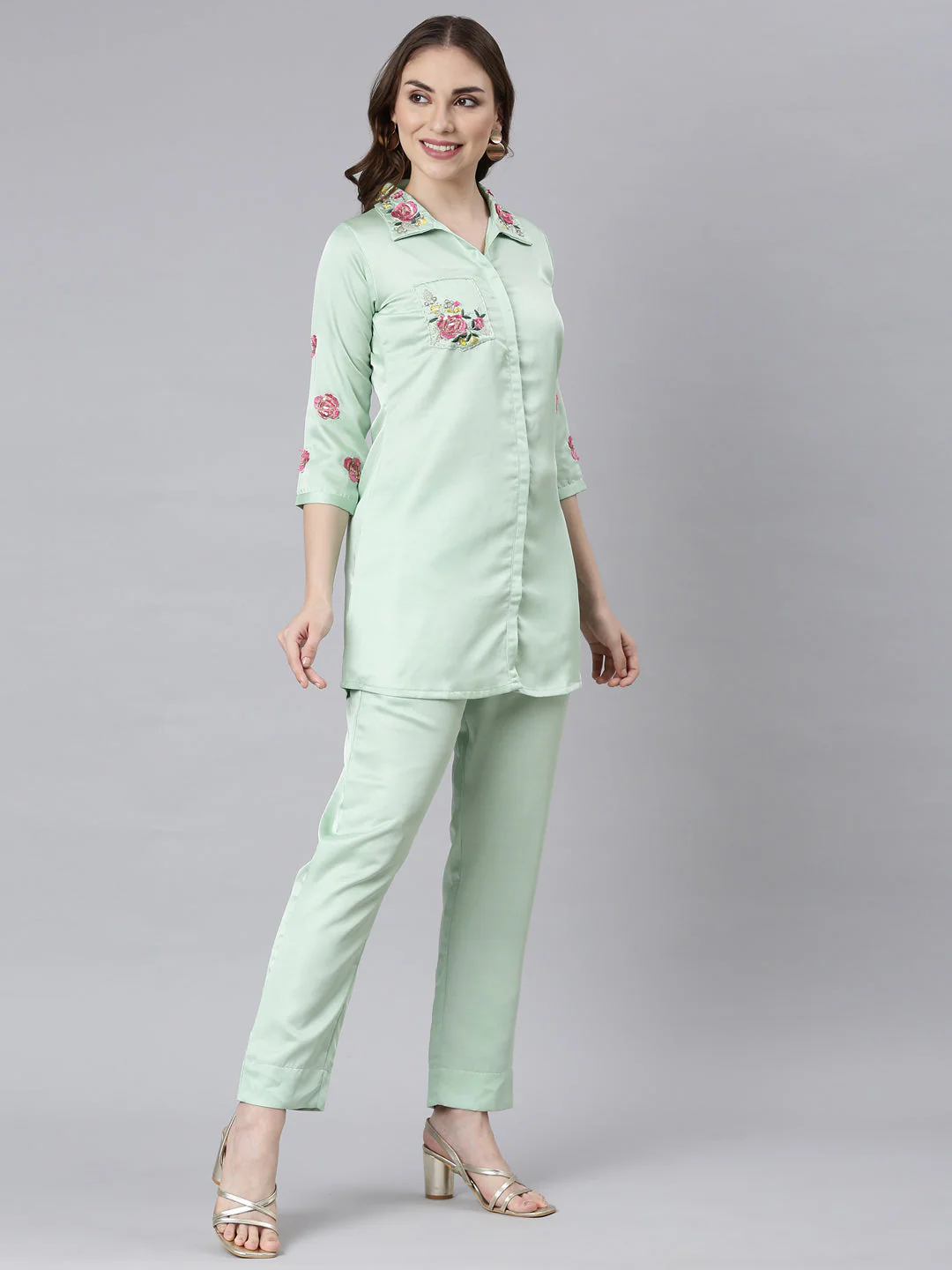 Neerus Pista Casual Embroidered Top And Trousers - Image 3