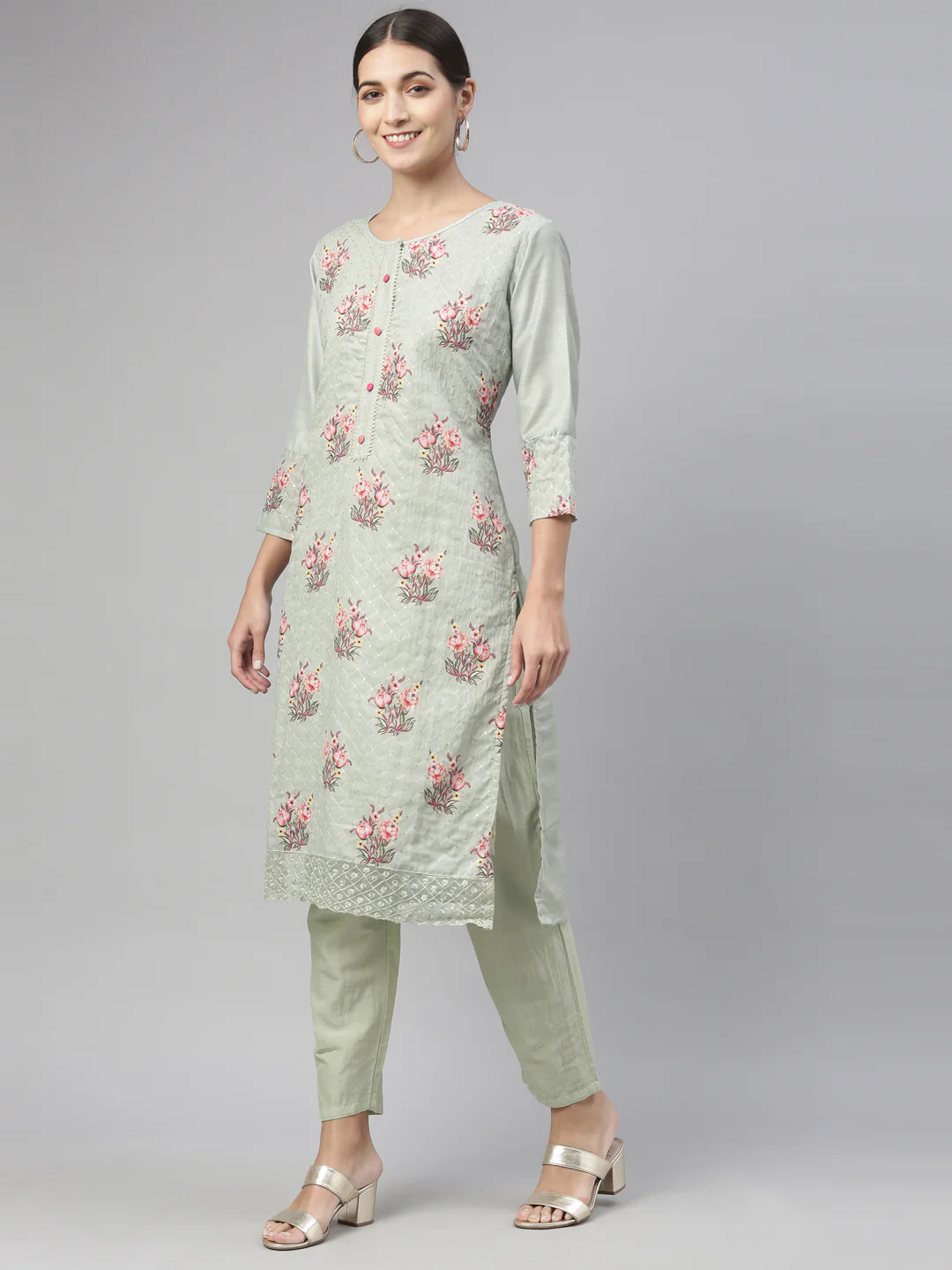 Neerus Pista Color Chanderi Fabric Kurta Set - Image 7
