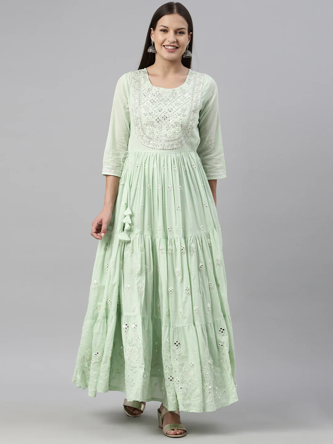 Neerus Pista Color Cotton Fabric Kurta