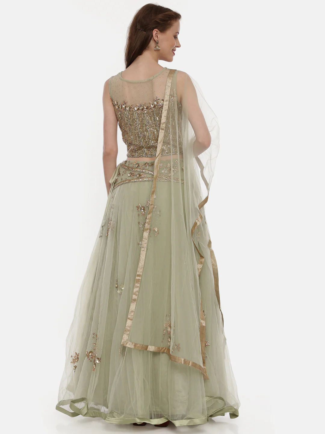 Neerus Pista Color Nett Fabric Ghagra Set - Image 5