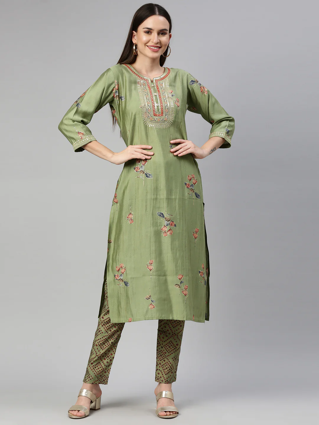 Neerus Pista Color Satin Silk Fabric Kurta Set - Image 6