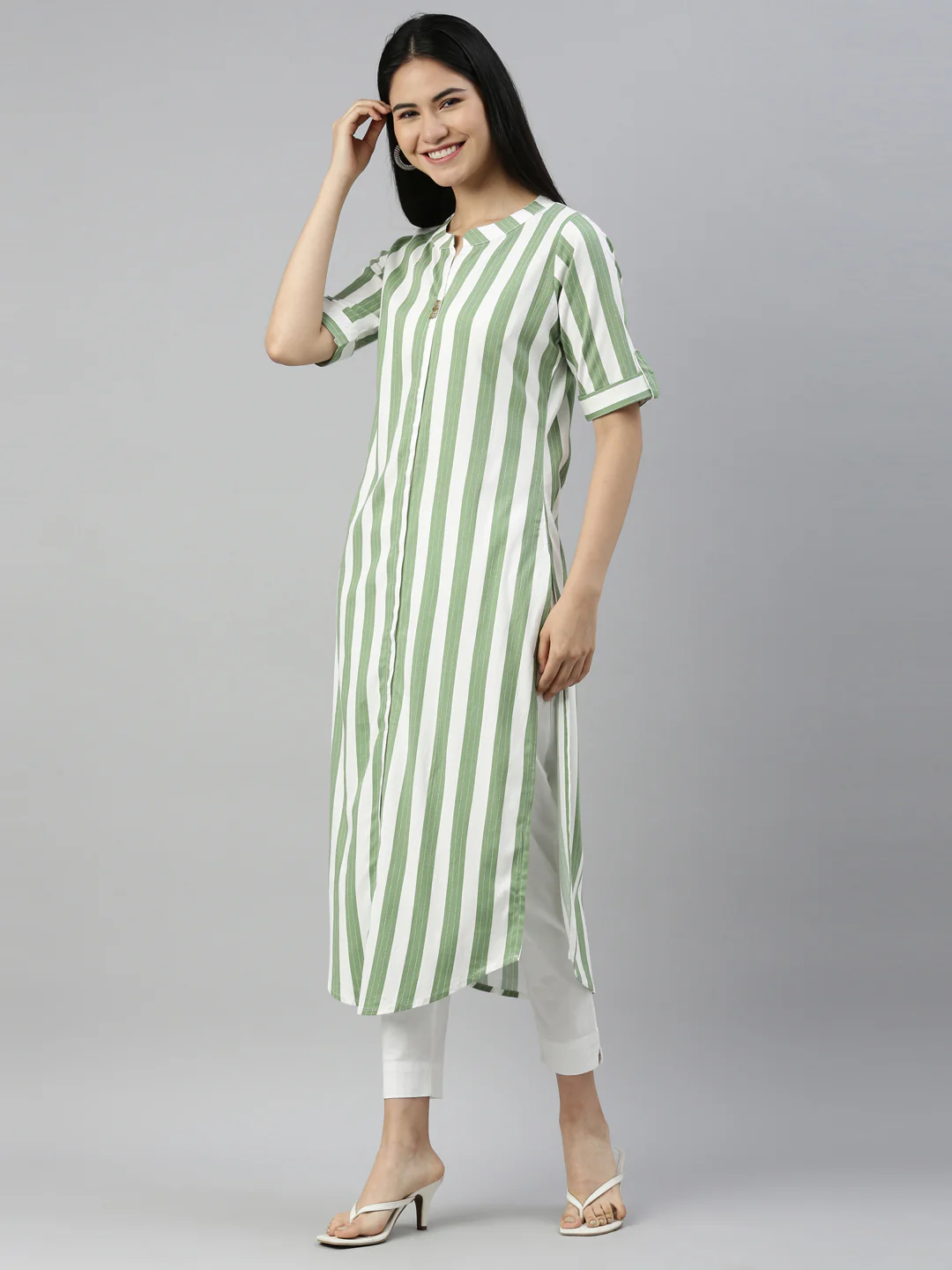 Neerus Pista Color Slub Rayon Fabric Kurta - Image 2