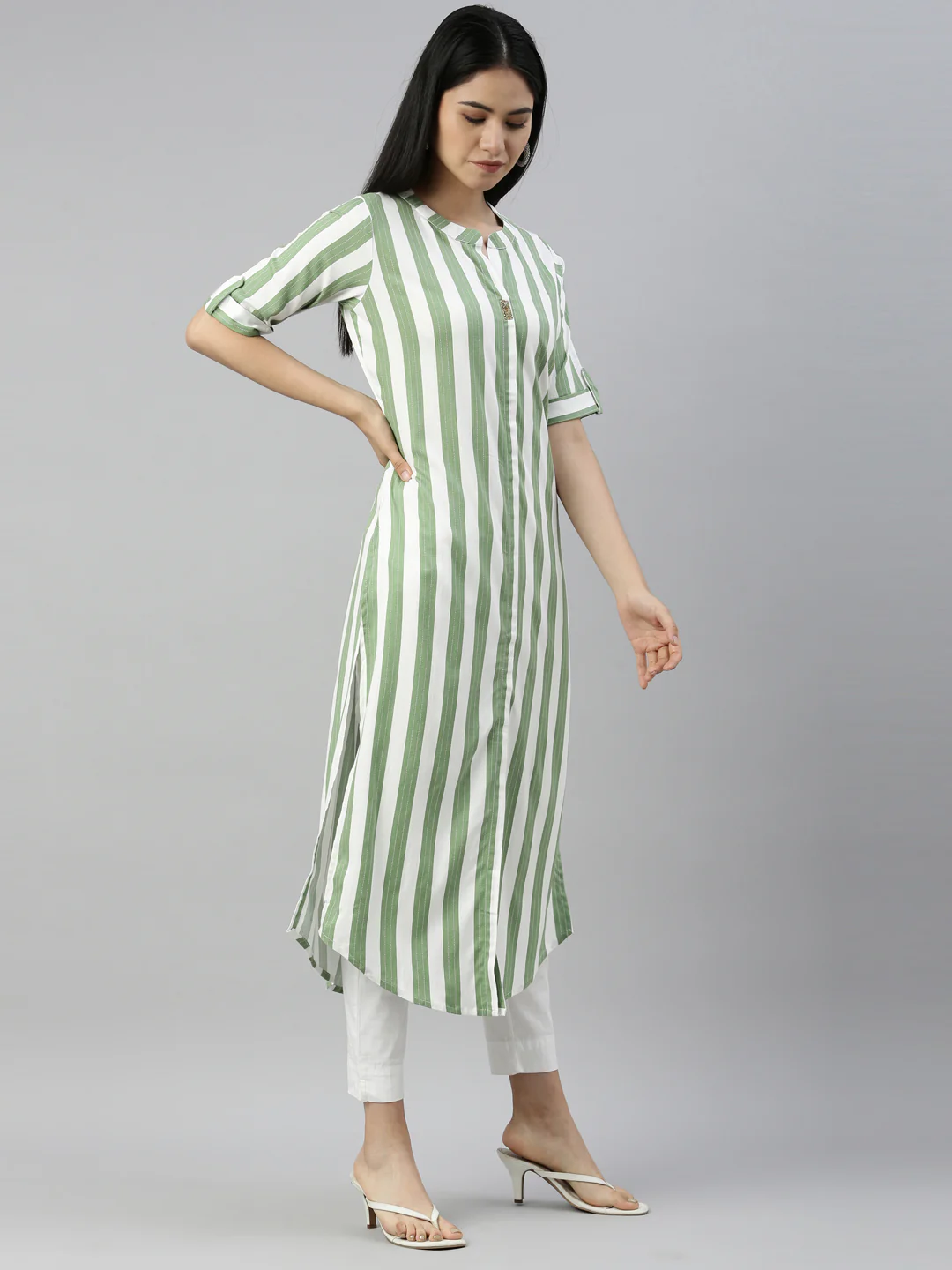 Neerus Pista Color Slub Rayon Fabric Kurta - Image 3