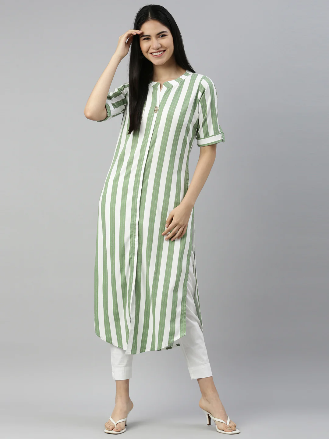 Neerus Pista Color Slub Rayon Fabric Kurta - Image 5