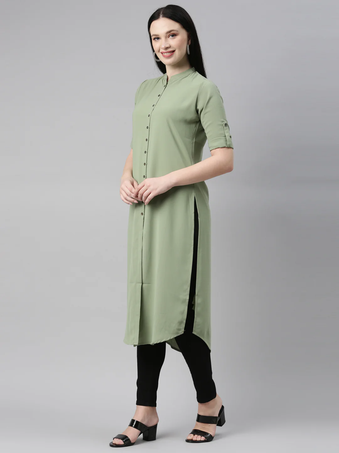 Neerus Pista Color Slub Rayon Fabric Kurta - Image 2