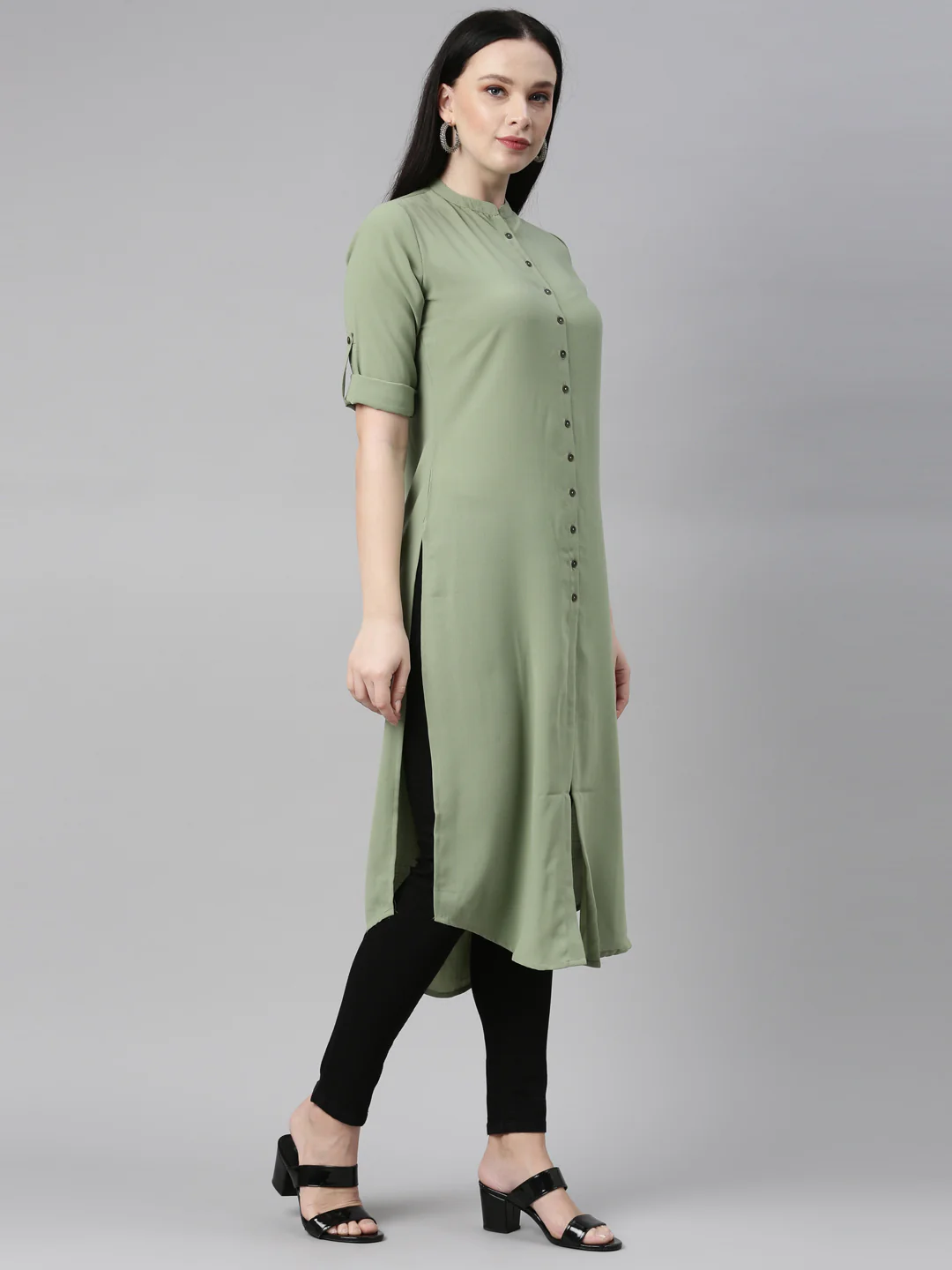 Neerus Pista Color Slub Rayon Fabric Kurta - Image 3