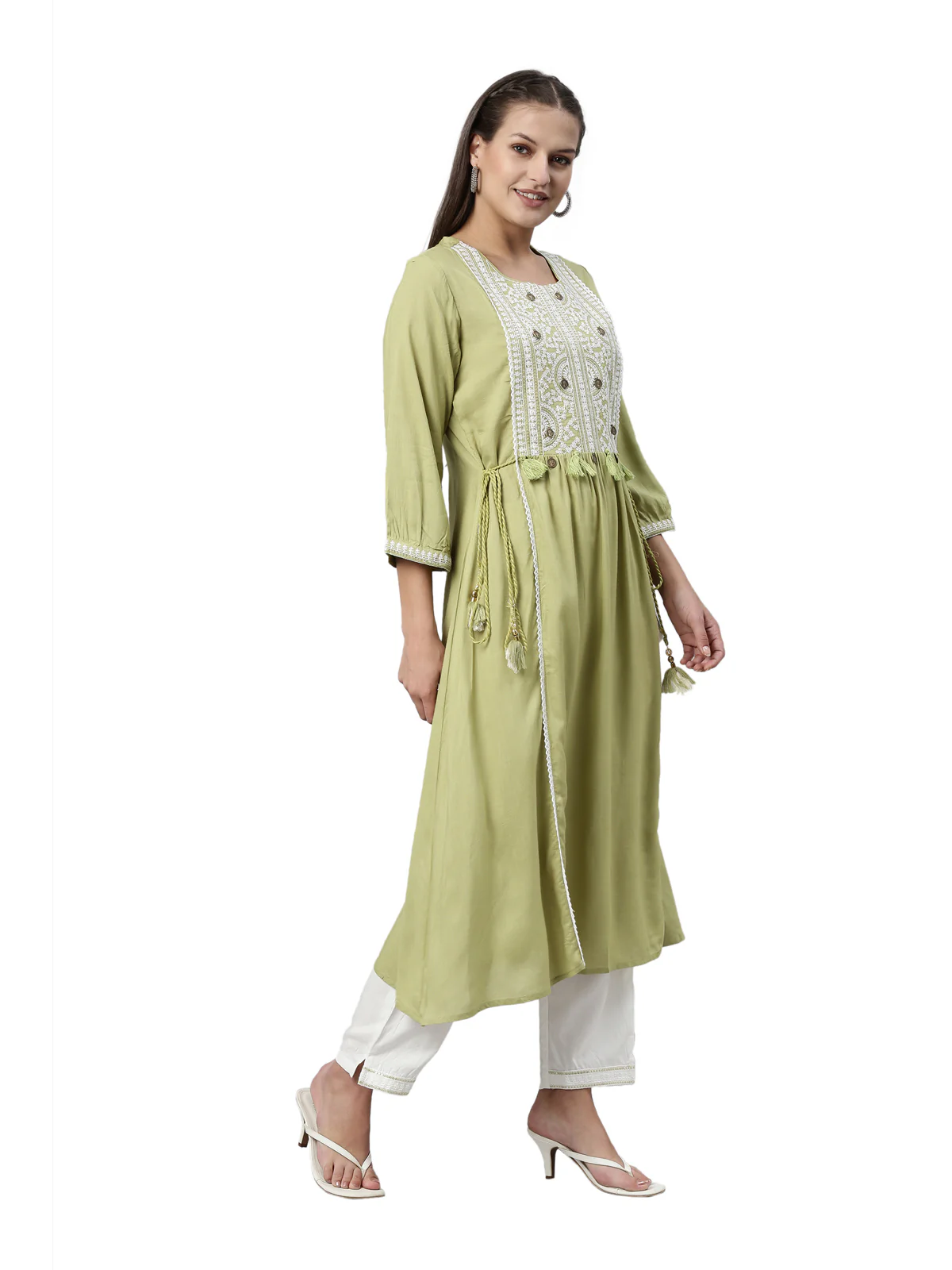Neerus Pista Color Slub Rayon Fabric Kurta Set - Image 4