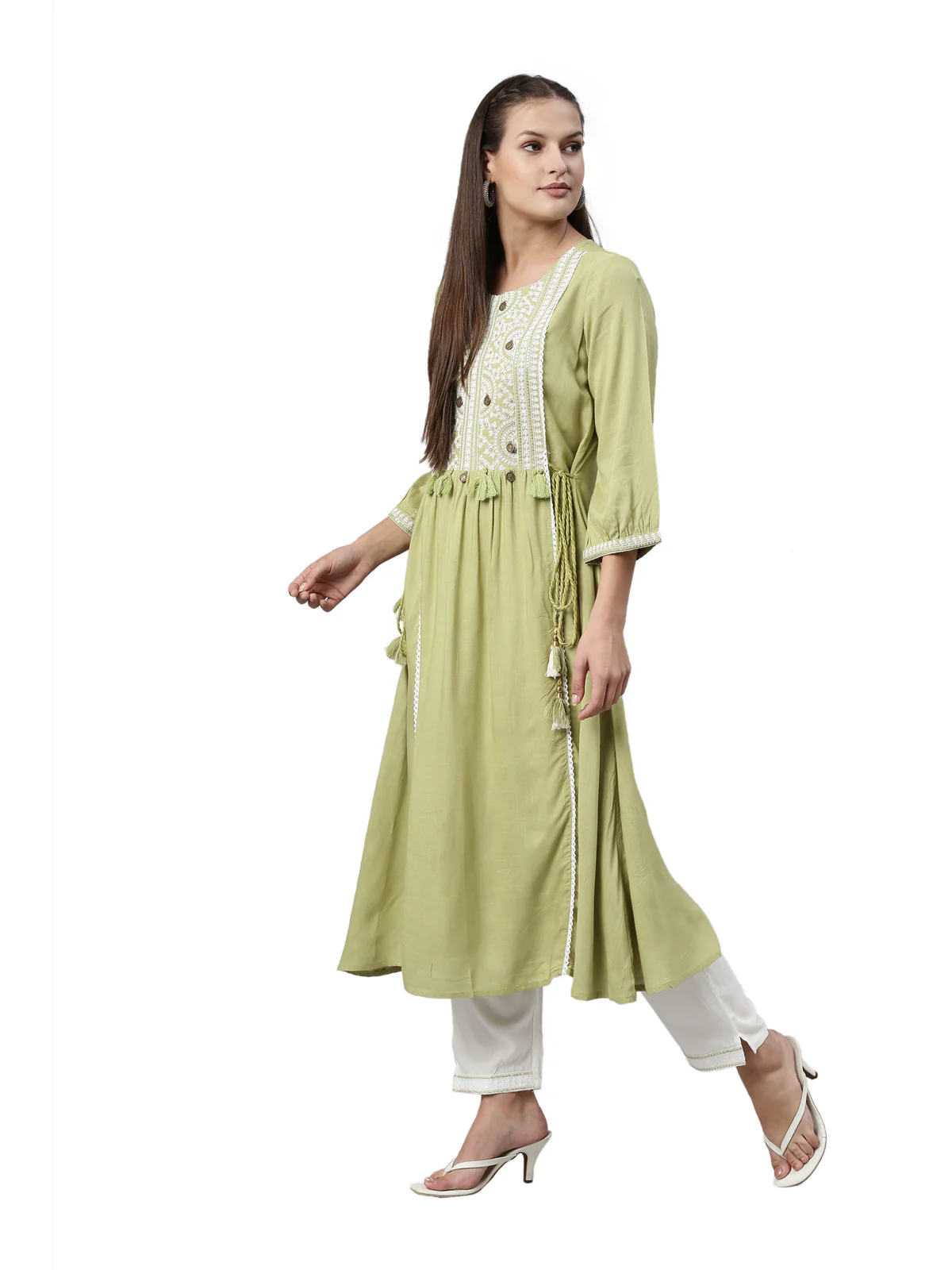 Neerus Pista Color Slub Rayon Fabric Kurta Set - Image 6