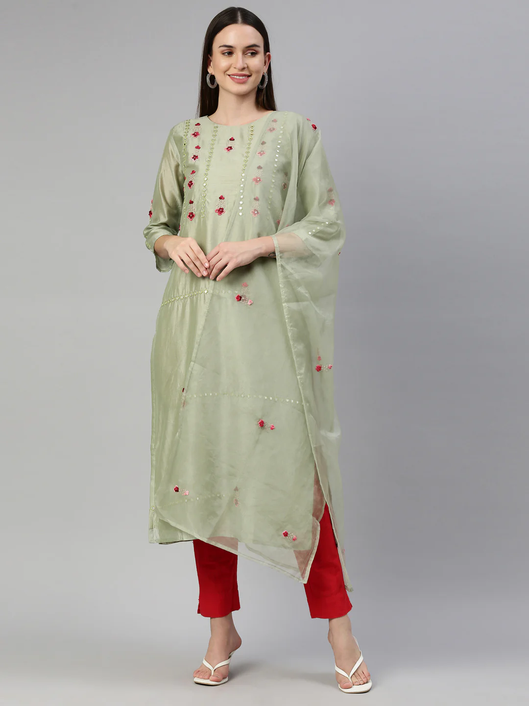 Neerus Pista Color Tussar Fabric Kurta - Image 9