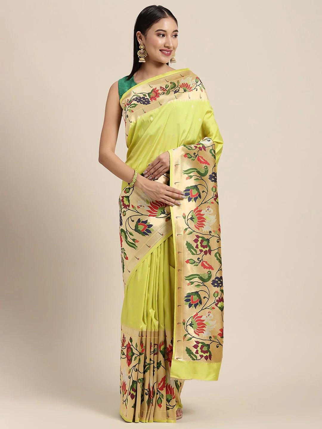 Neerus Pista Green Color Banaras Fabric Saree