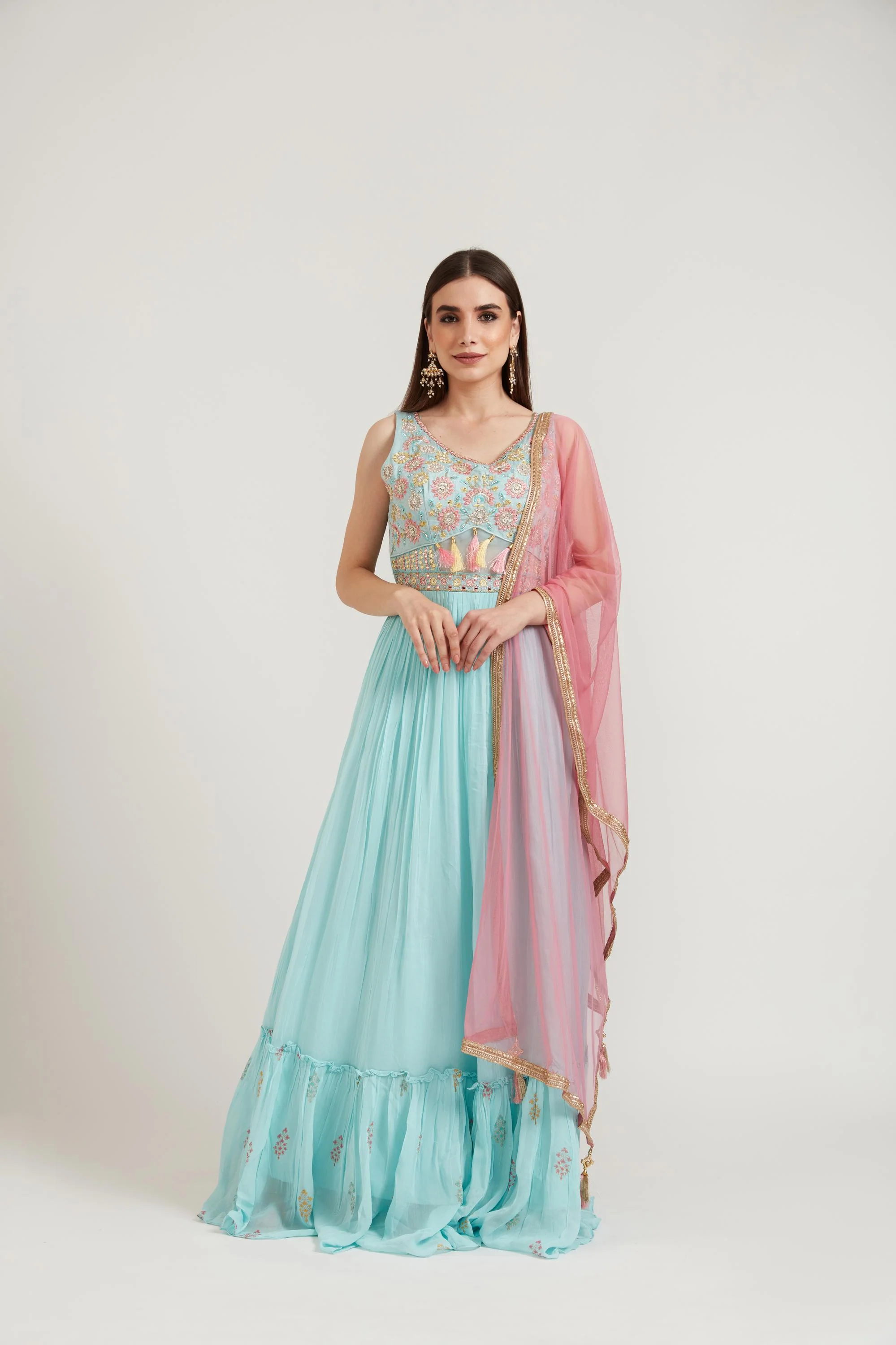 Neerus Pista Green Color Georgette Fabric Anarkali Suit