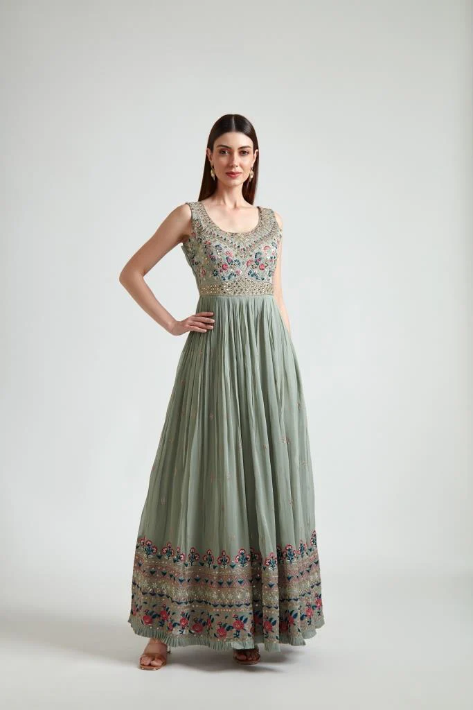 Neerus Pista Green Color Georgette Fabric Gown