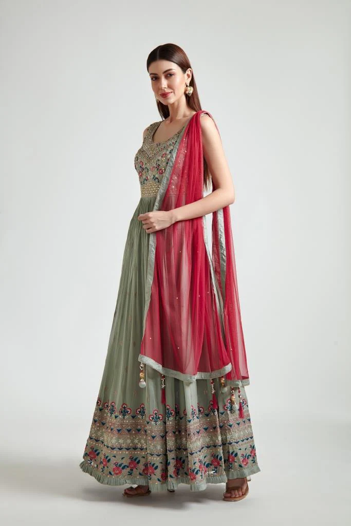 Neerus Pista Green Color Georgette Fabric Gown - Image 2