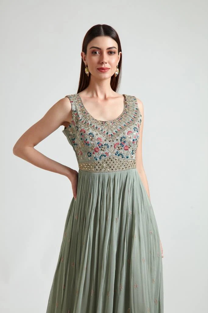 Neerus Pista Green Color Georgette Fabric Gown - Image 4