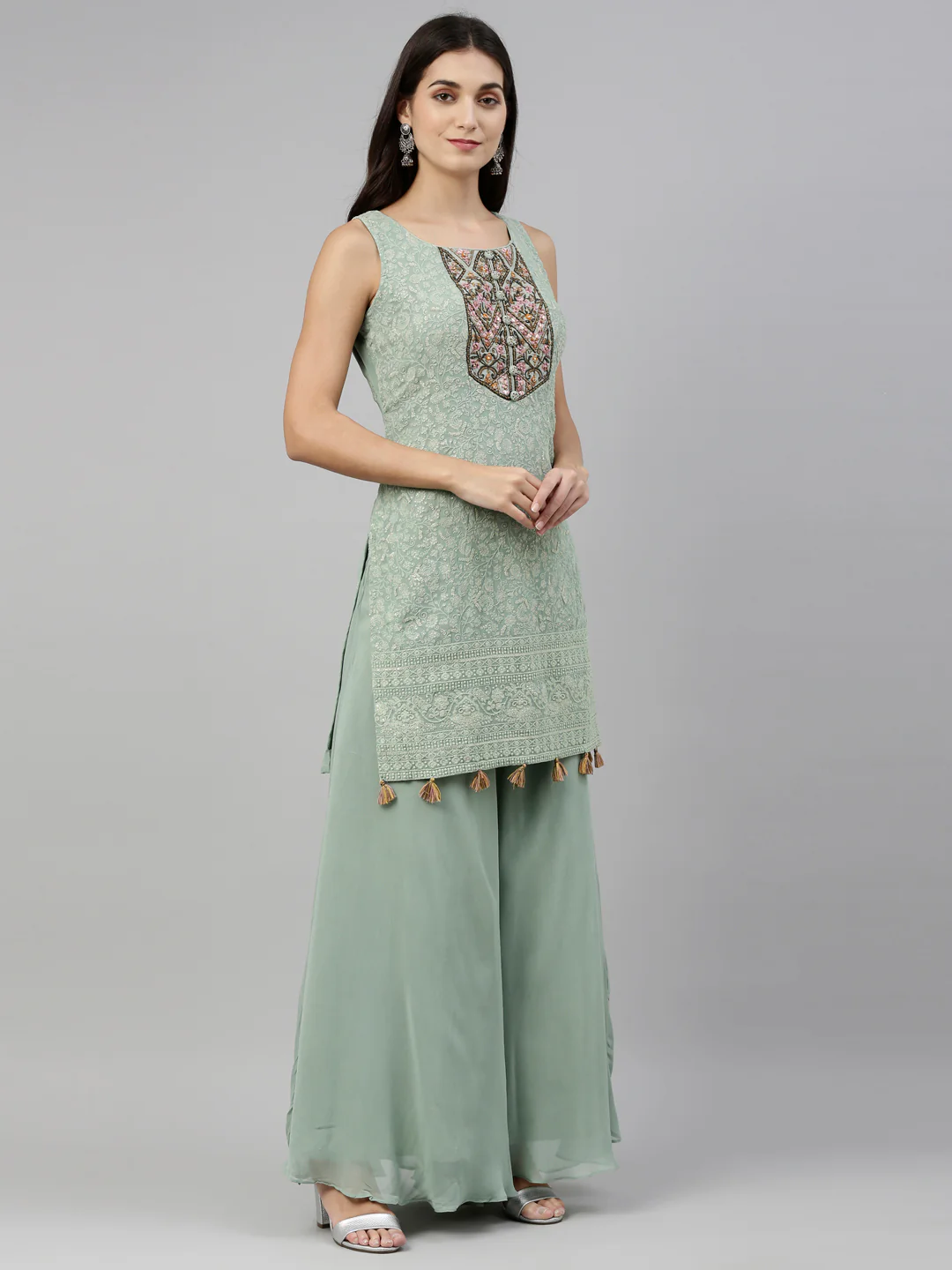 Neerus Pista Green Color Georgette Fabric Suit-Plazzo - Image 2