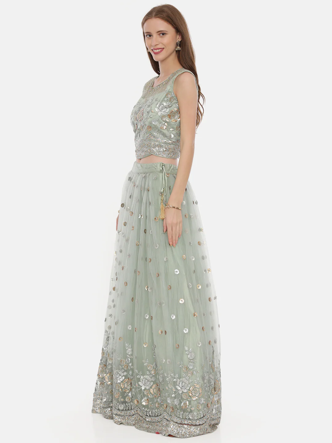 Neerus Pista Green Color Nett Fabric Ghagra Set - Image 3