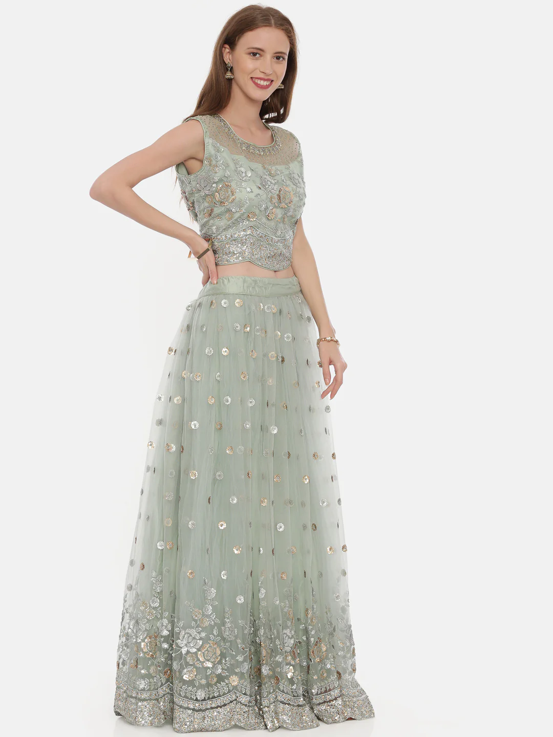 Neerus Pista Green Color Nett Fabric Ghagra Set - Image 4