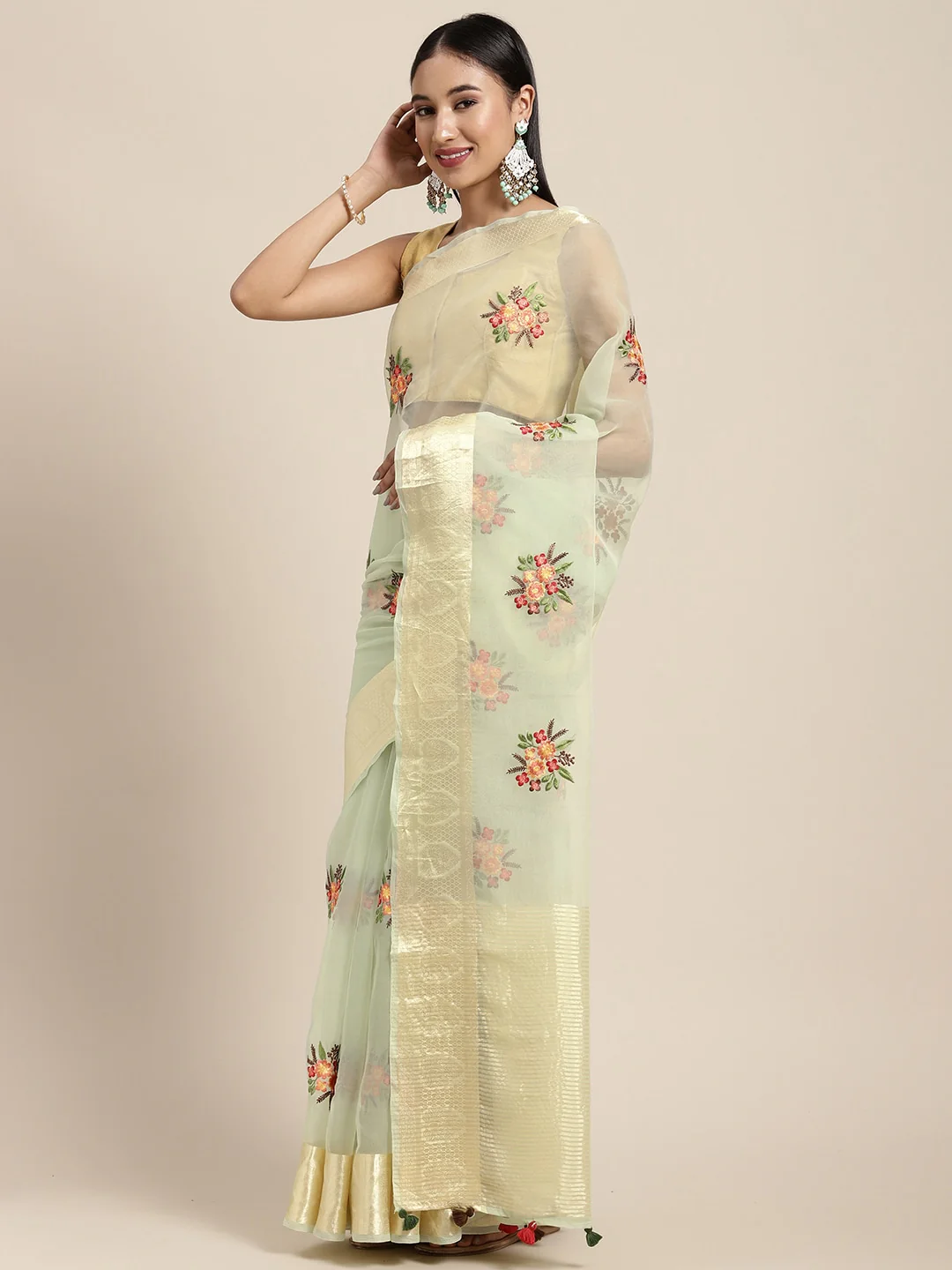 Neerus Pista Green Color Organza Fabric Saree