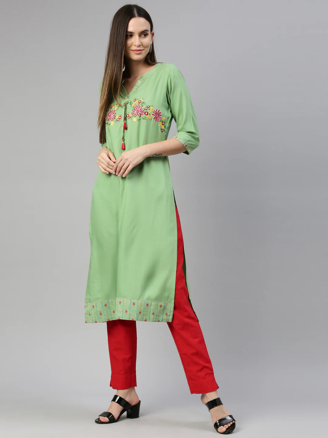 Neerus Pista Green Color Rayon Fabric Kurta - Image 6