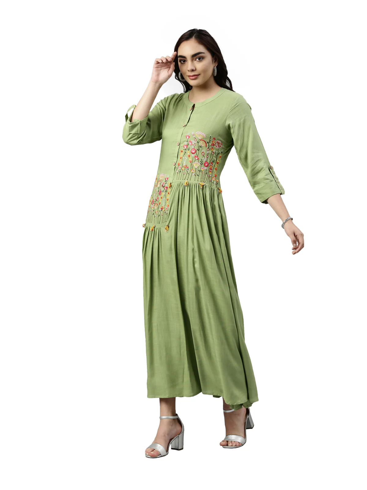 Neerus Pista Green Color Slub Rayon Fabric Kurta - Image 3