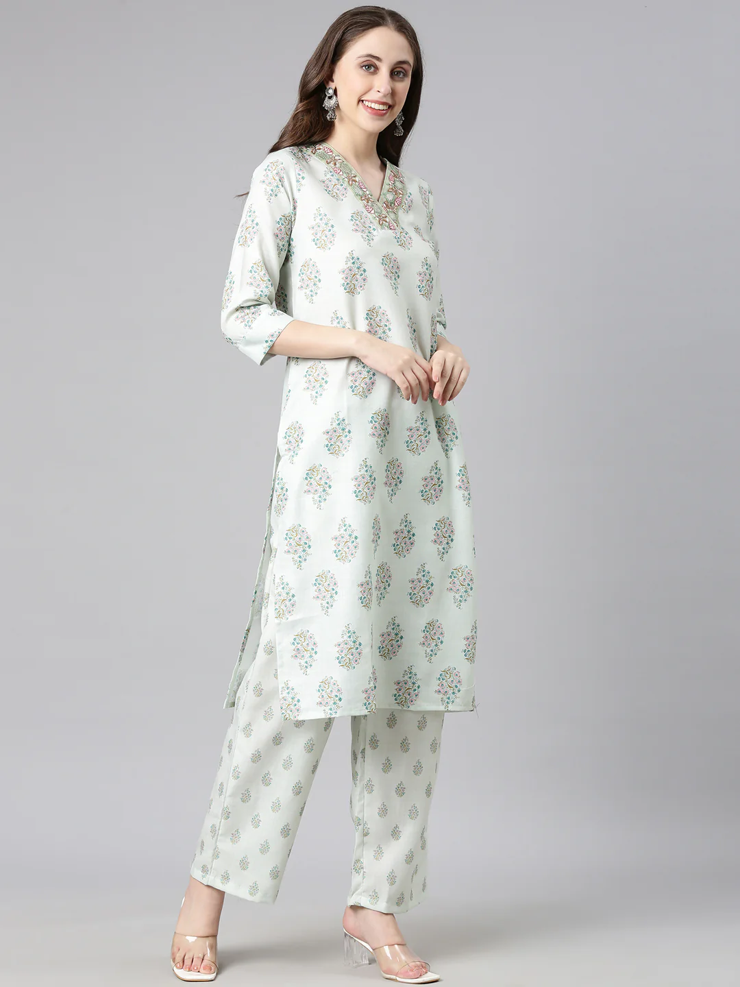 Neerus Pista Printed Straight Kurta and Trousers With Dupatta - Image 2