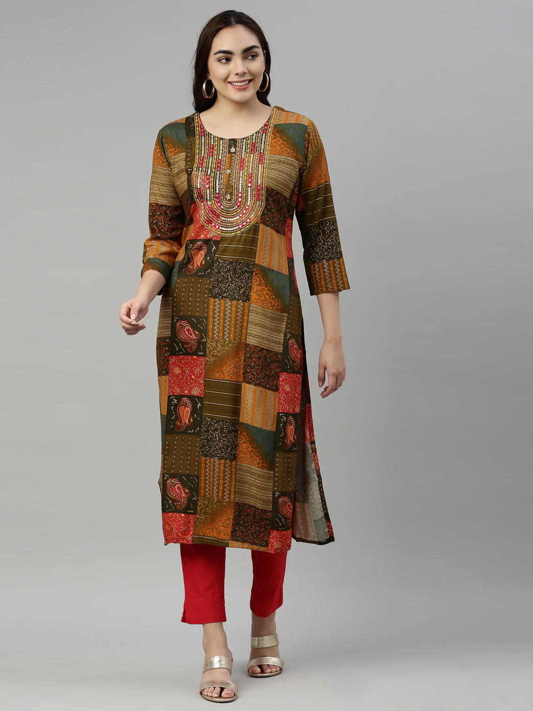 Neerus Printed Color Rayon Fabric Kurta - Image 5