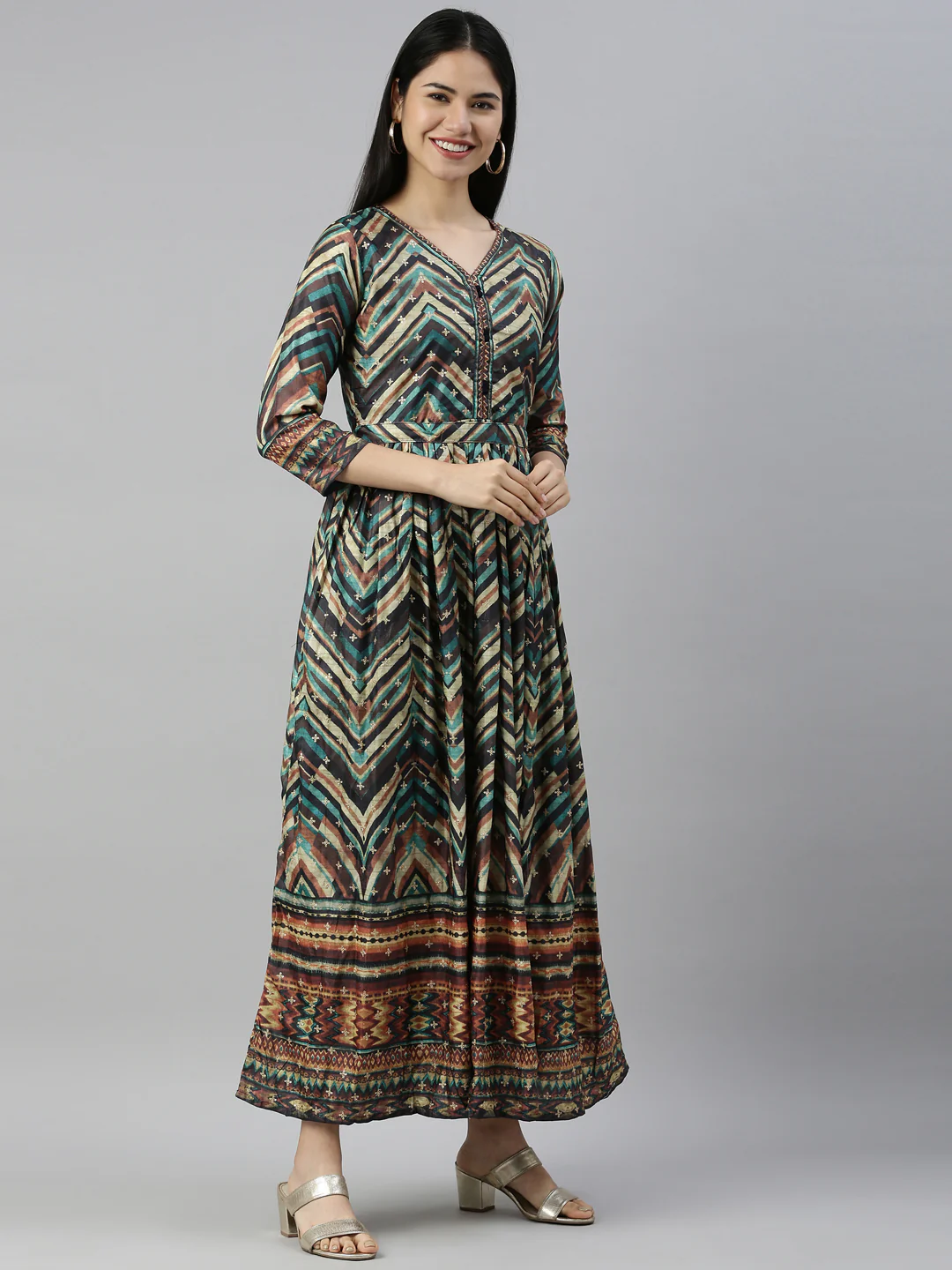 Neerus Printed Color Silk Fabric Kurta - Image 3