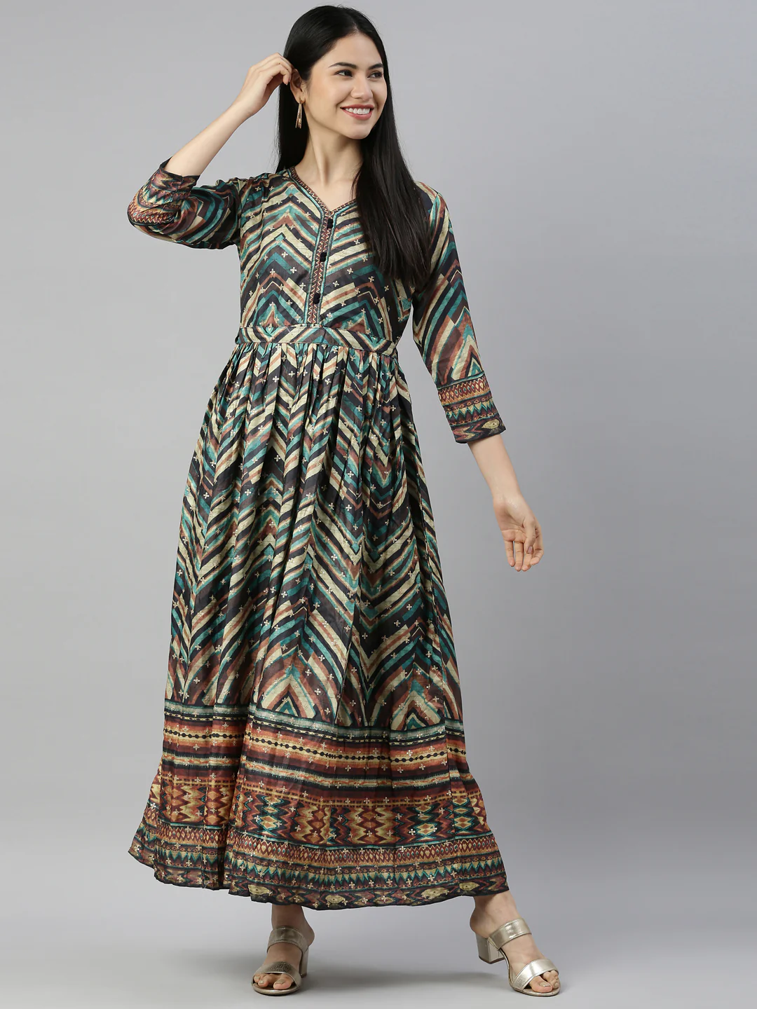 Neerus Printed Color Silk Fabric Kurta - Image 5