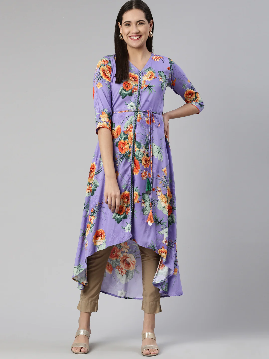 Neerus Purple Anarkali Curved Cotton Kurta