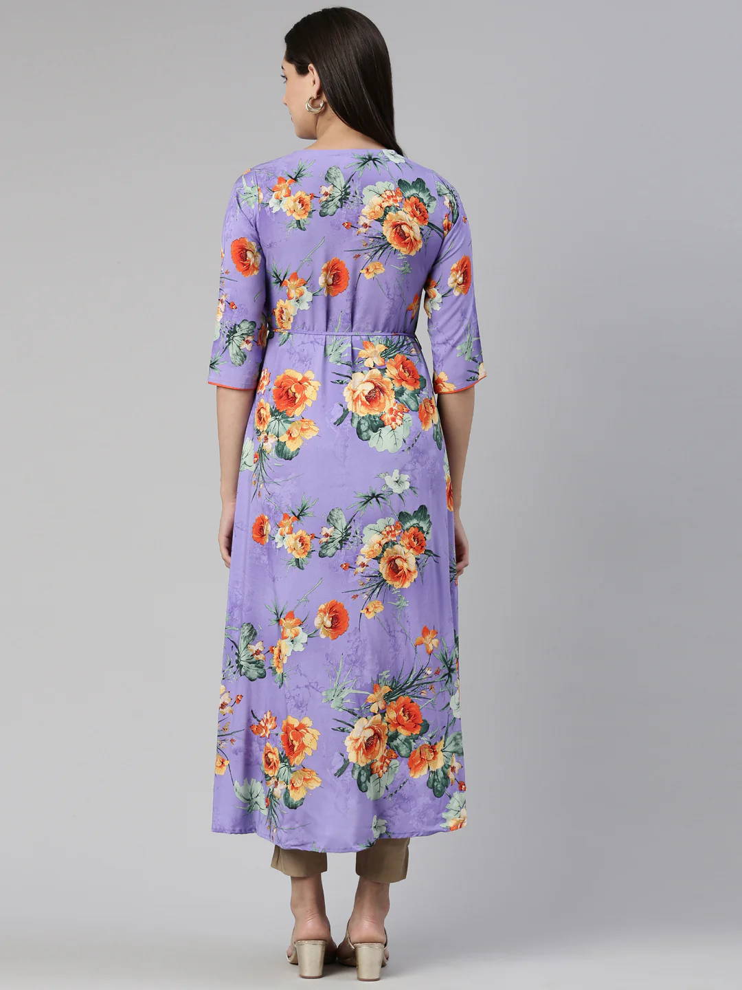 Neerus Purple Anarkali Curved Cotton Kurta - Image 3