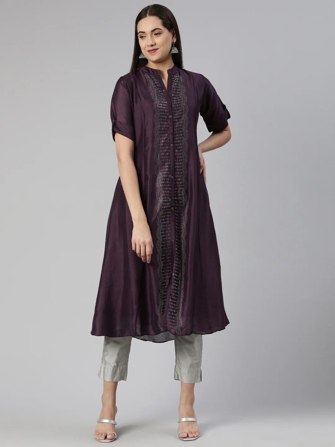 Neerus Purple Anarkali Straight Crepe Kurta