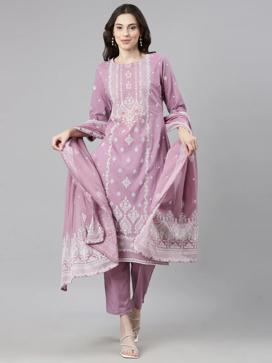 Neerus Purple Casual Ethnic Motifs Straight Kurta and Trousers With Dupatta