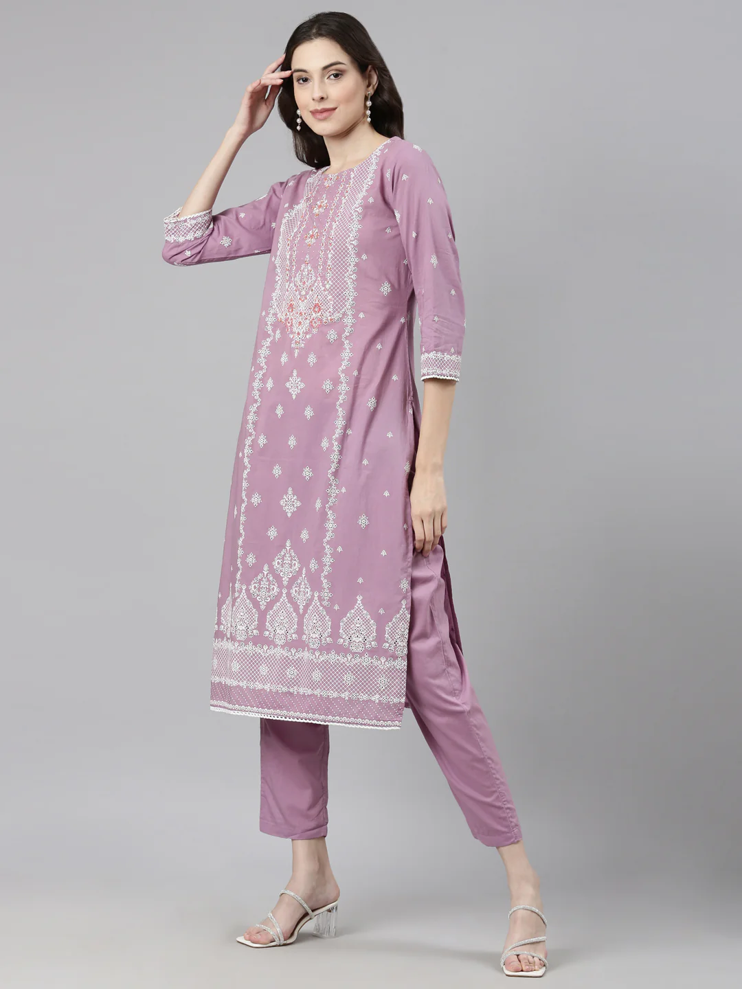Neerus Purple Casual Ethnic Motifs Straight Kurta and Trousers With Dupatta - Image 2