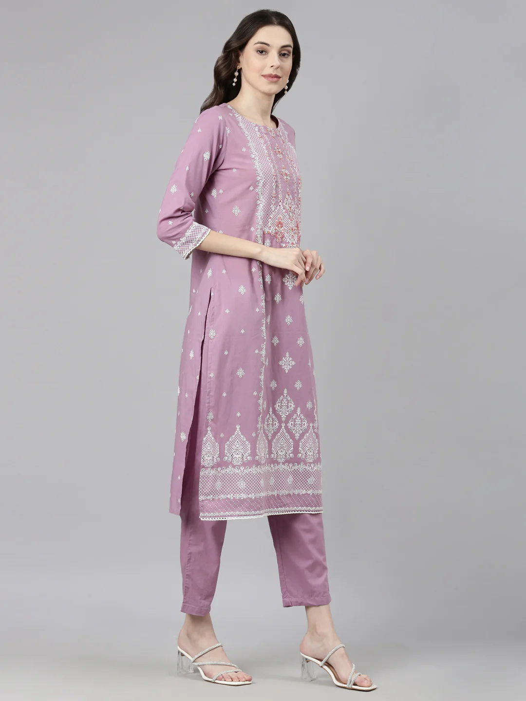 Neerus Purple Casual Ethnic Motifs Straight Kurta and Trousers With Dupatta - Image 3