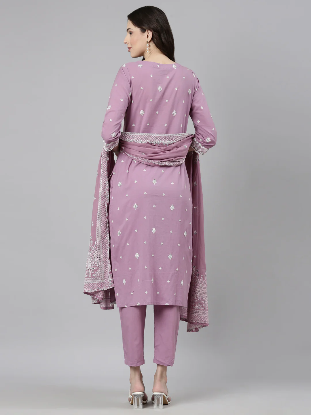Neerus Purple Casual Ethnic Motifs Straight Kurta and Trousers With Dupatta - Image 4