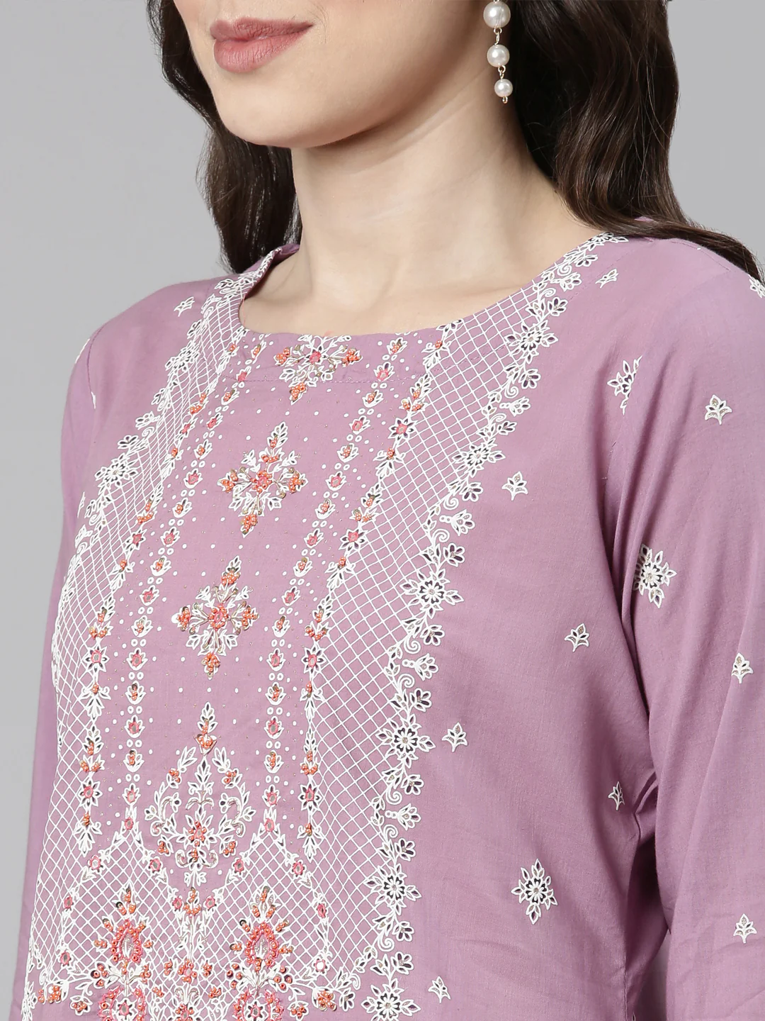 Neerus Purple Casual Ethnic Motifs Straight Kurta and Trousers With Dupatta - Image 5