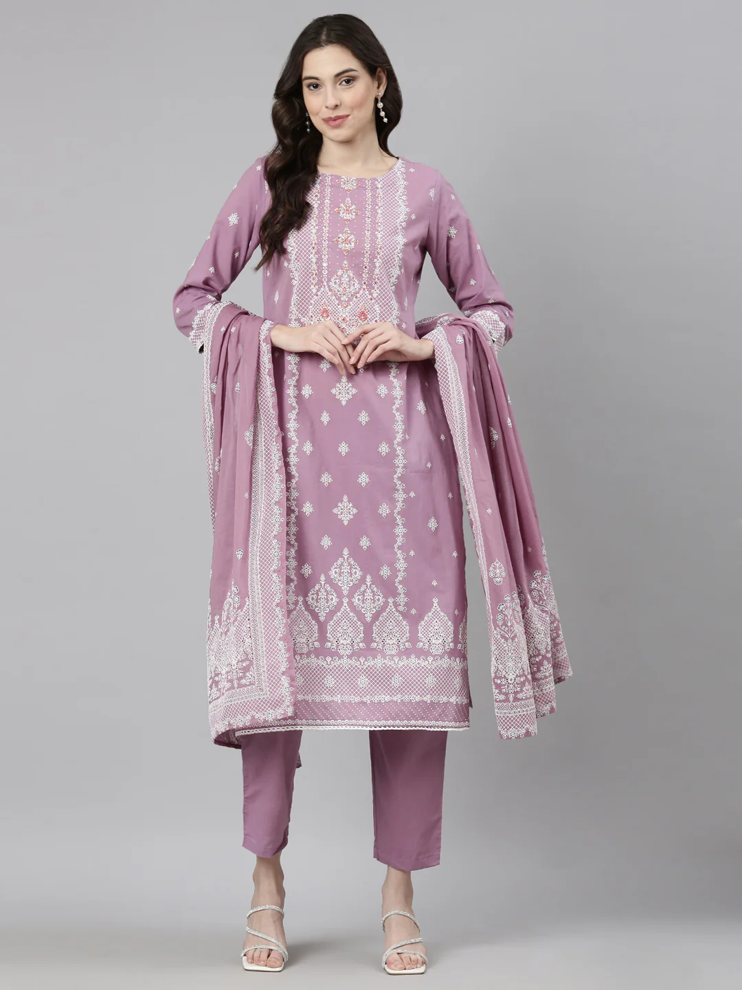 Neerus Purple Casual Ethnic Motifs Straight Kurta and Trousers With Dupatta - Image 6