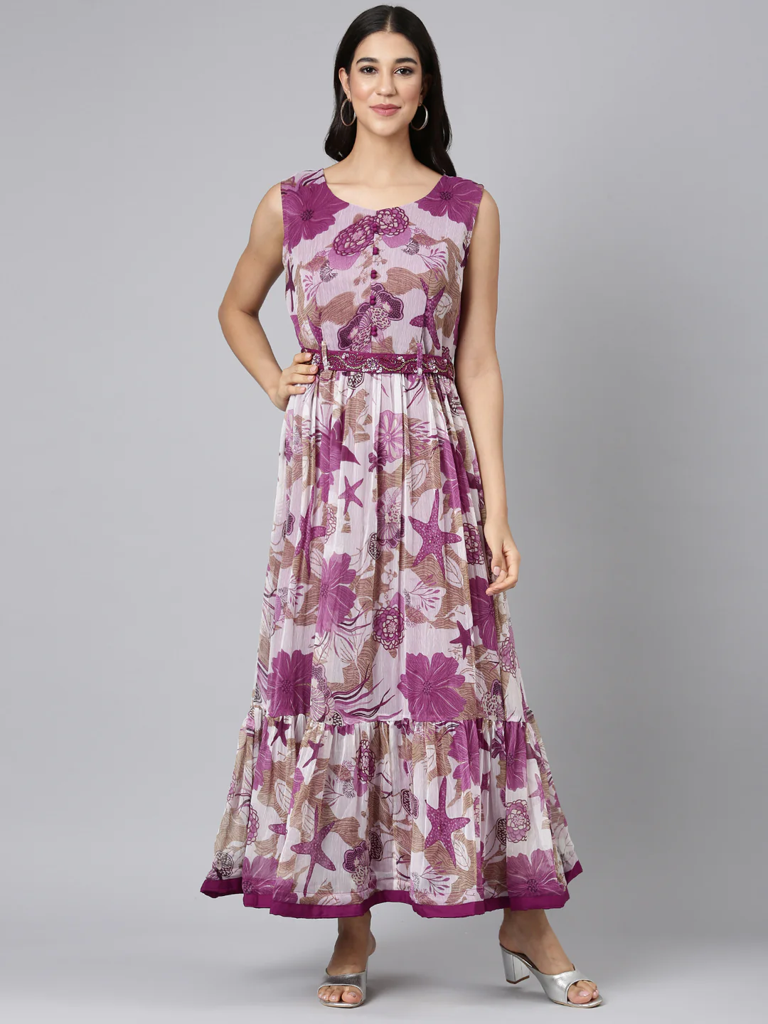 Neerus Purple Casual Floral Maxi Dresses - Image 5