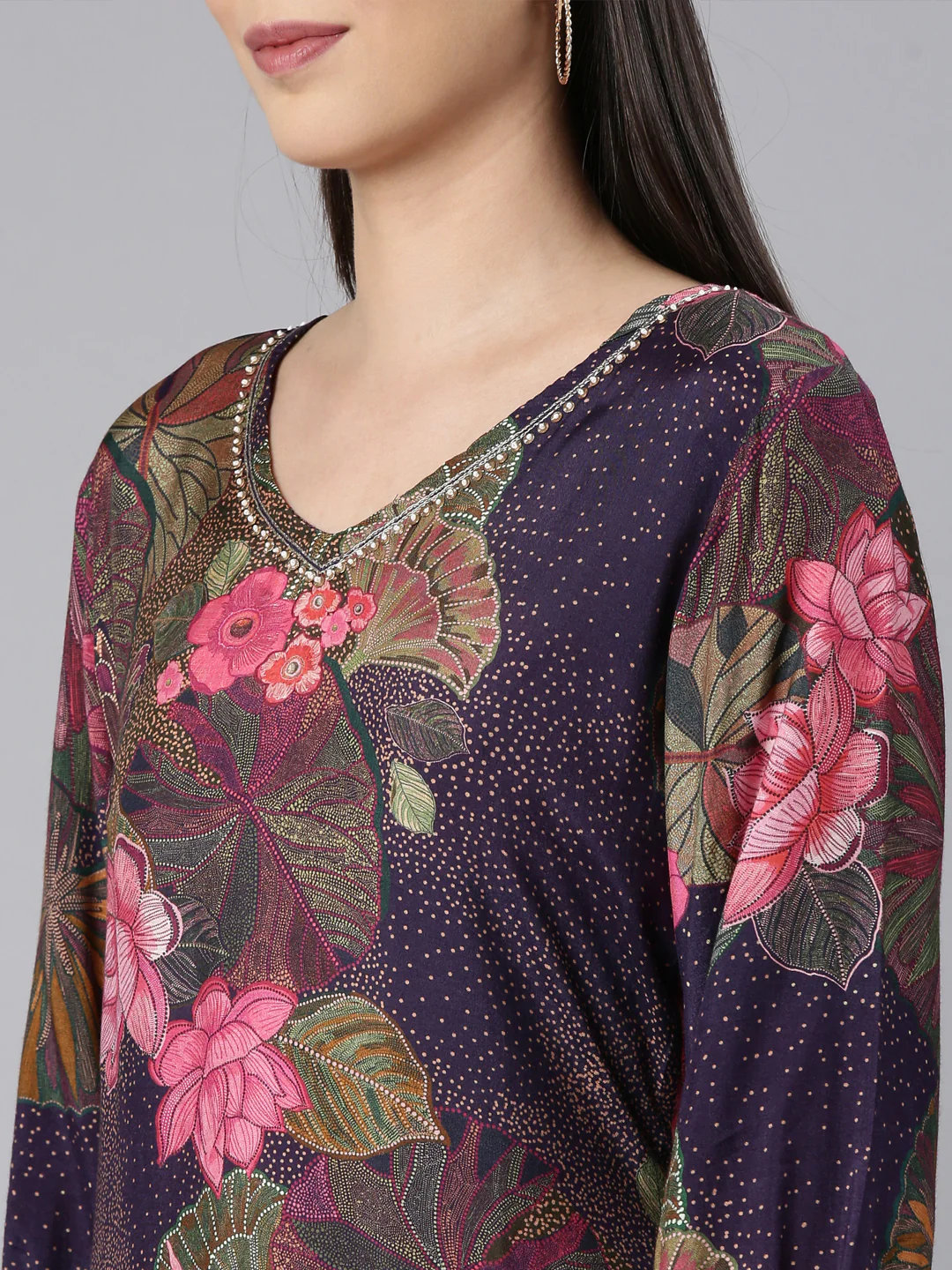 Neerus Purple Casual Floral Straight Kurta and Trouser - Image 5