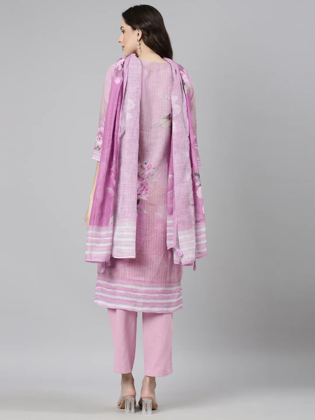 Neerus Purple Casual Floral Straight Kurta and Trousers With Dupatta - Image 4