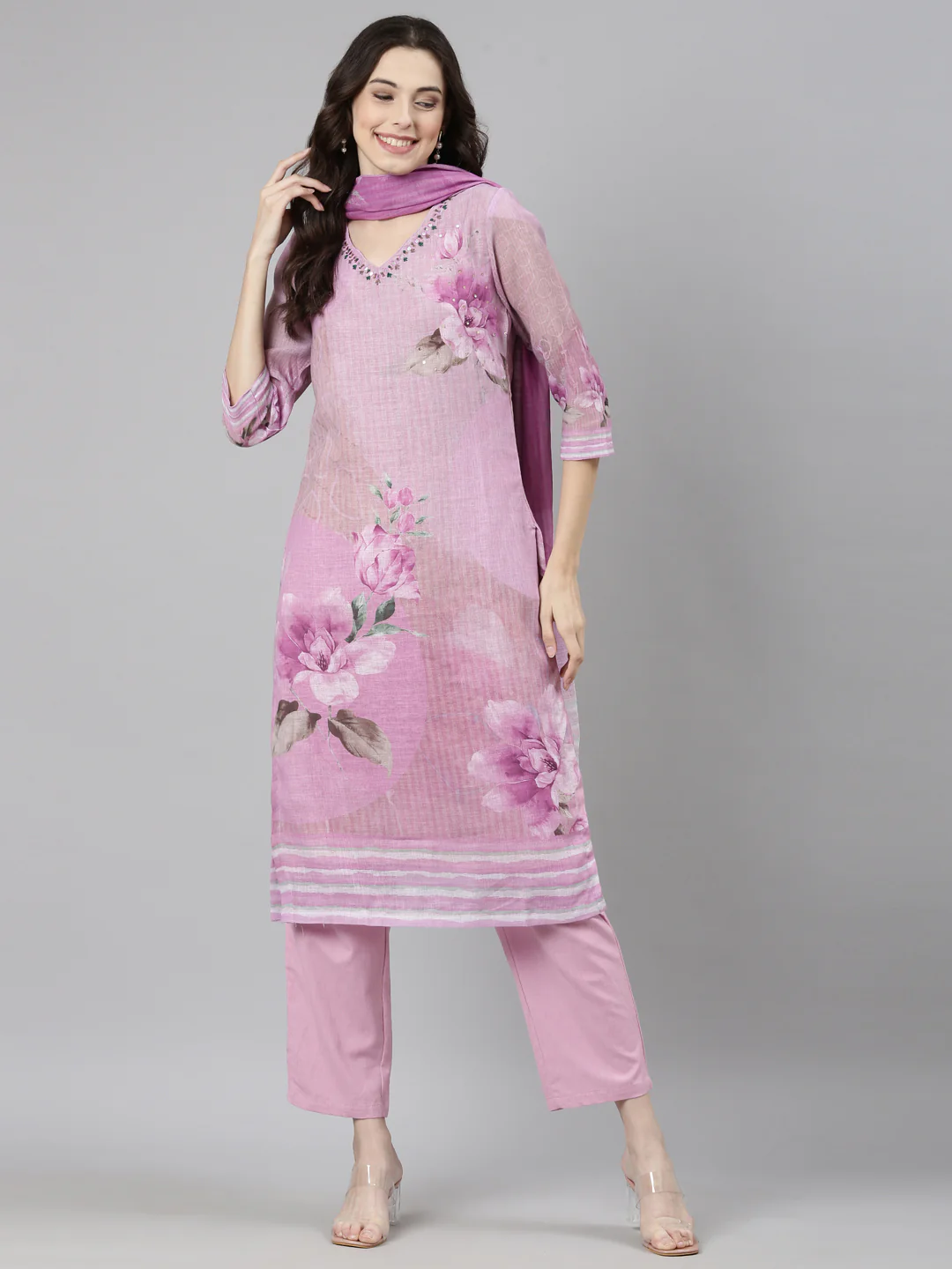Neerus Purple Casual Floral Straight Kurta and Trousers With Dupatta - Image 6
