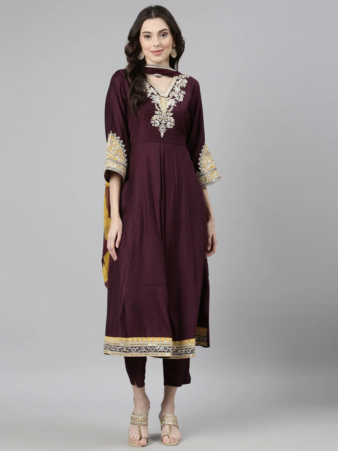 Neerus Purple Casual Solid Anarkali Kurta and Trousers With Dupatta - Image 6